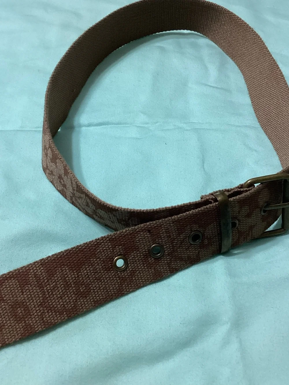 Ladies Brown Canvas Floral Embossed Brass Tone OS Belt